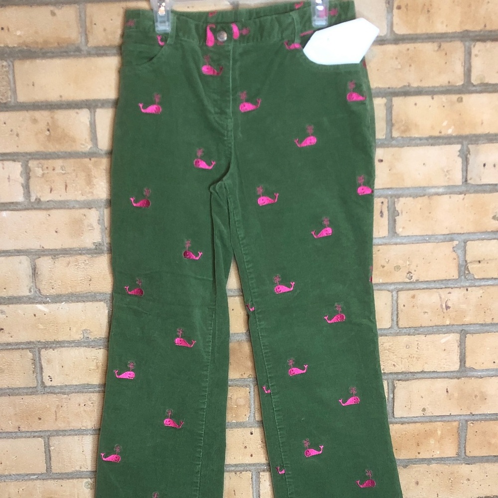 Lilly Pulitzer Green Corduroy Pants with Pink Embroidery